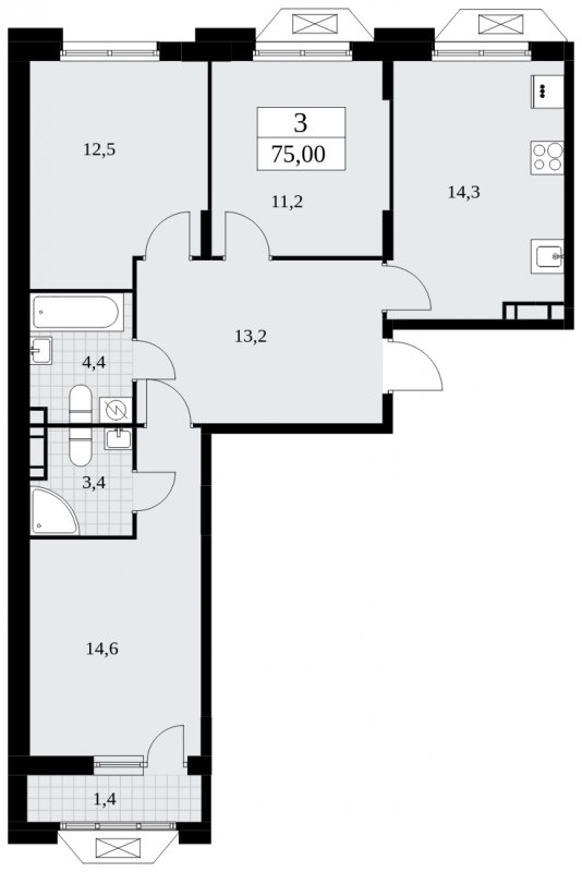 3-комнатная квартира без отделки, 75 м2, 7 этаж, сдача 4 квартал 2024 г., ЖК Бунинские кварталы, корпус 1.3 - объявление 1834590 - фото №1