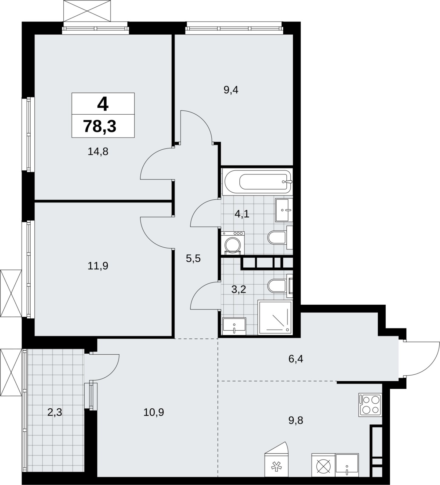 4-комнатная квартира (евро) без отделки, 78.3 м2, 7 этаж, сдача 4 квартал 2026 г., ЖК Скандинавия, корпус 2.18.1.4 - объявление 2350980 - фото №1