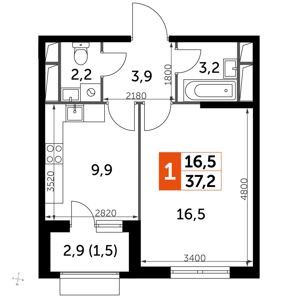 1-комнатная квартира с частичной отделкой, 37.1 м2, 2 этаж, дом сдан, ЖК UP-квартал Римский, корпус 7 - объявление 2353866 - фото №1