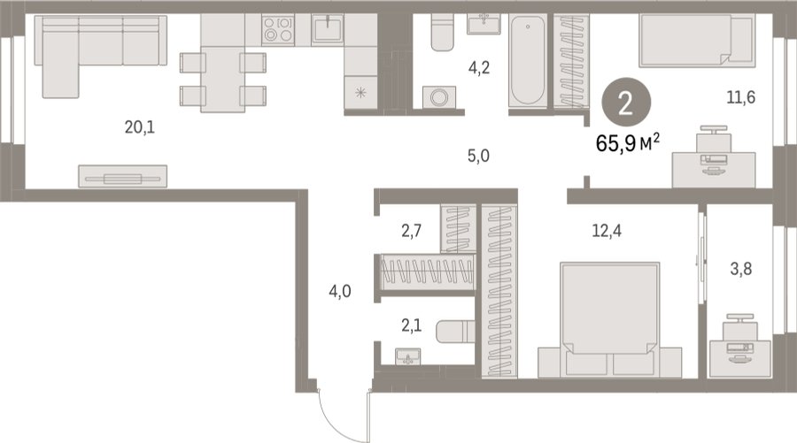 2-комнатная квартира с частичной отделкой, 65.85 м2, 6 этаж, сдача 1 квартал 2025 г., ЖК Первый квартал, корпус 5 - объявление 2310624 - фото №1