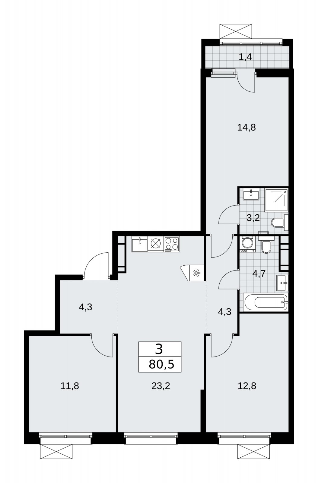 3-комнатная квартира без отделки, 80.5 м2, 10 этаж, сдача 2 квартал 2026 г., ЖК Скандинавия, корпус 25.5 - объявление 2283721 - фото №1