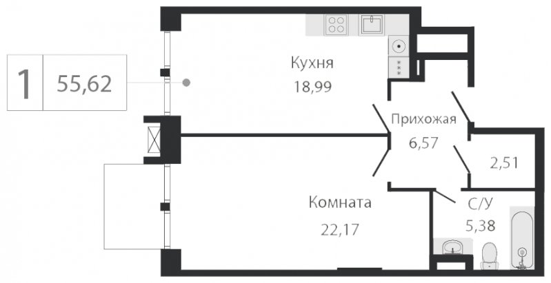 2-комнатная квартира (евро) без отделки, 55.62 м2, 2 этаж, сдача 2 квартал 2023 г., ЖК Dream Towers, корпус 2 - объявление 1800567 - фото №1