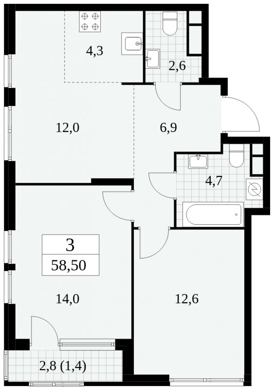 3-комнатная квартира (евро) без отделки, 58.5 м2, 12 этаж, сдача 2 квартал 2025 г., ЖК Южные сады, корпус 2.4 - объявление 1760465 - фото №1