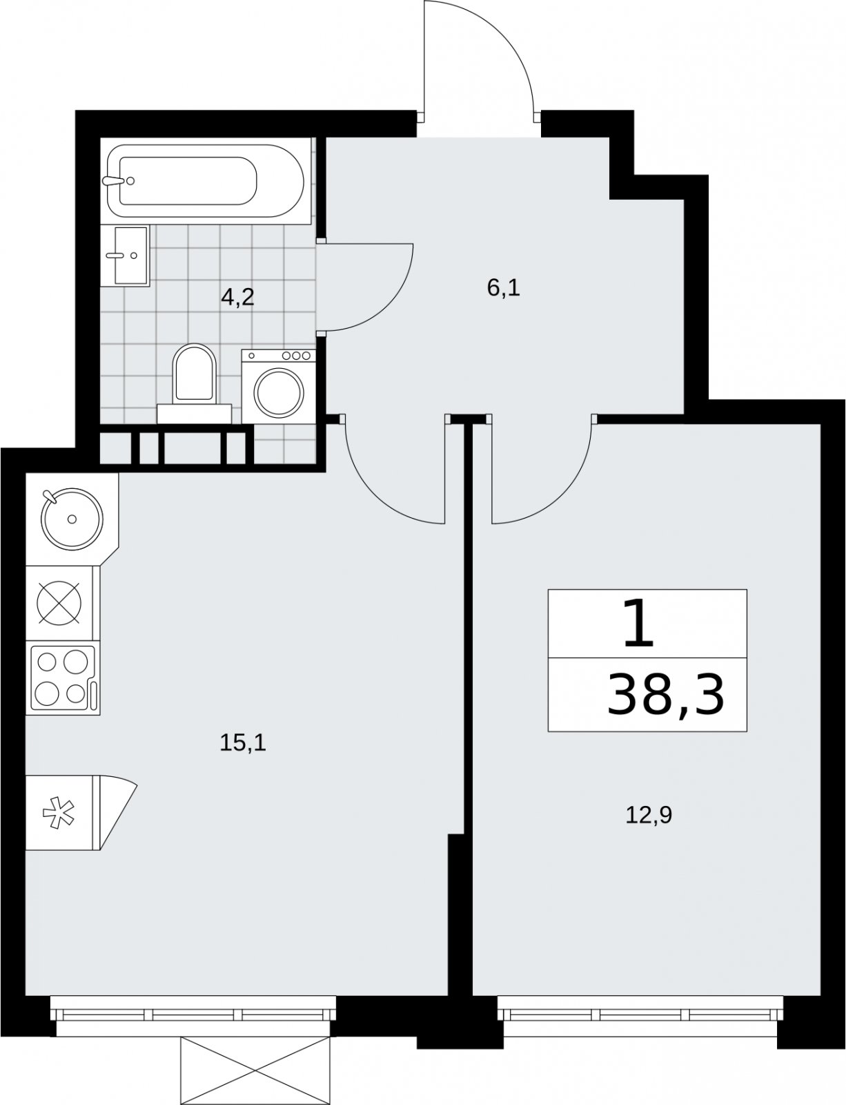 1-комнатная квартира без отделки, 38.3 м2, 5 этаж, сдача 2 квартал 2026 г., ЖК Бунинские кварталы, корпус 5.4 - объявление 2297835 - фото №1