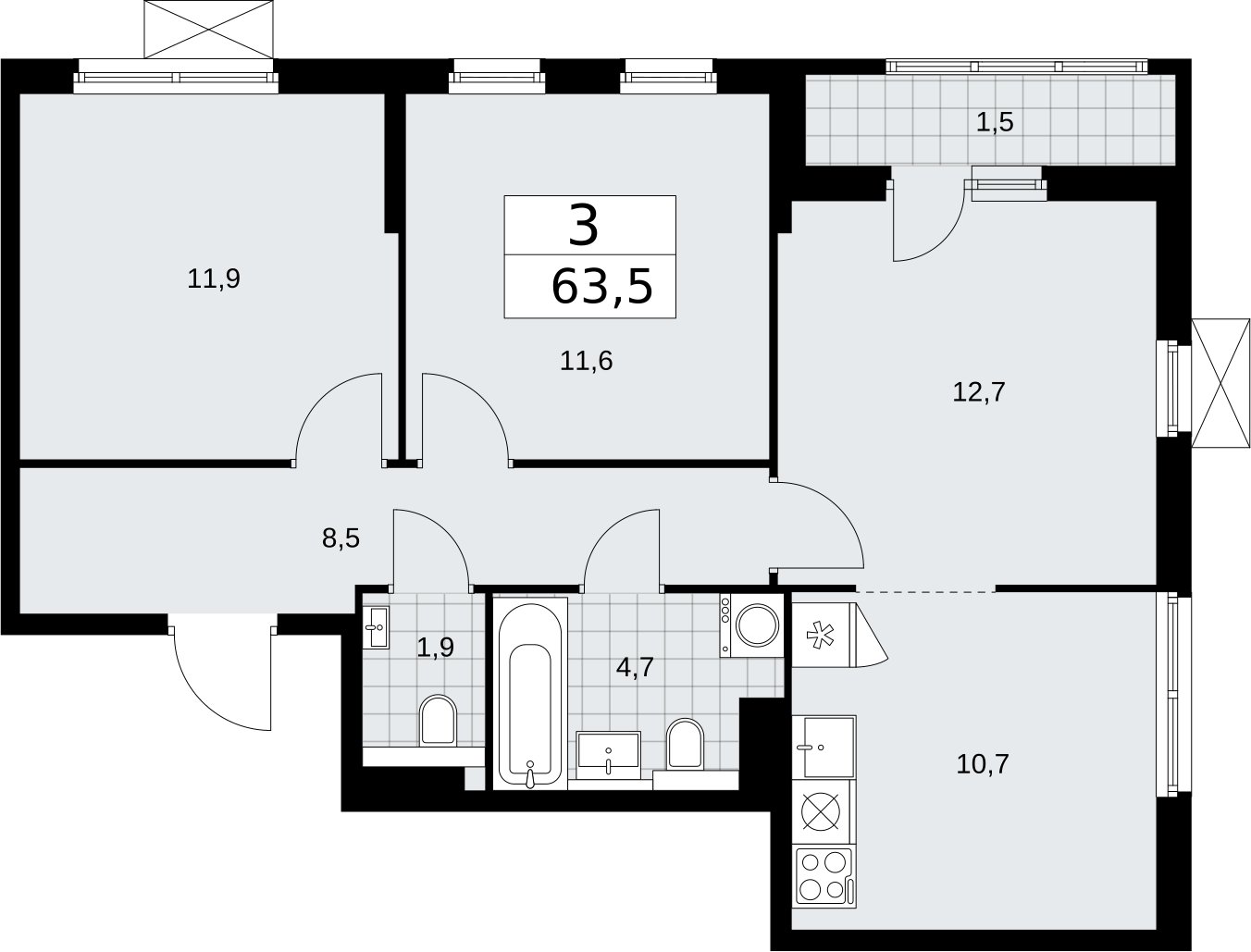 3-комнатная квартира с полной отделкой, 63.5 м2, 5 этаж, сдача 2 квартал 2026 г., ЖК Бунинские кварталы, корпус 7.1 - объявление 2319575 - фото №1