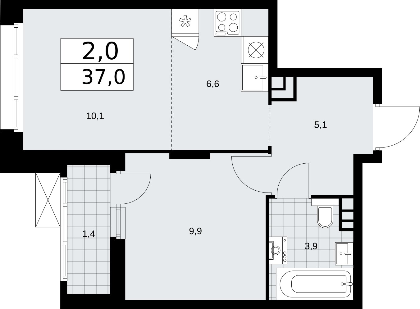 2-комнатная квартира (евро) с частичной отделкой, 37 м2, 3 этаж, сдача 2 квартал 2026 г., ЖК Прокшино, корпус 10.1.6 - объявление 2379182 - фото №1