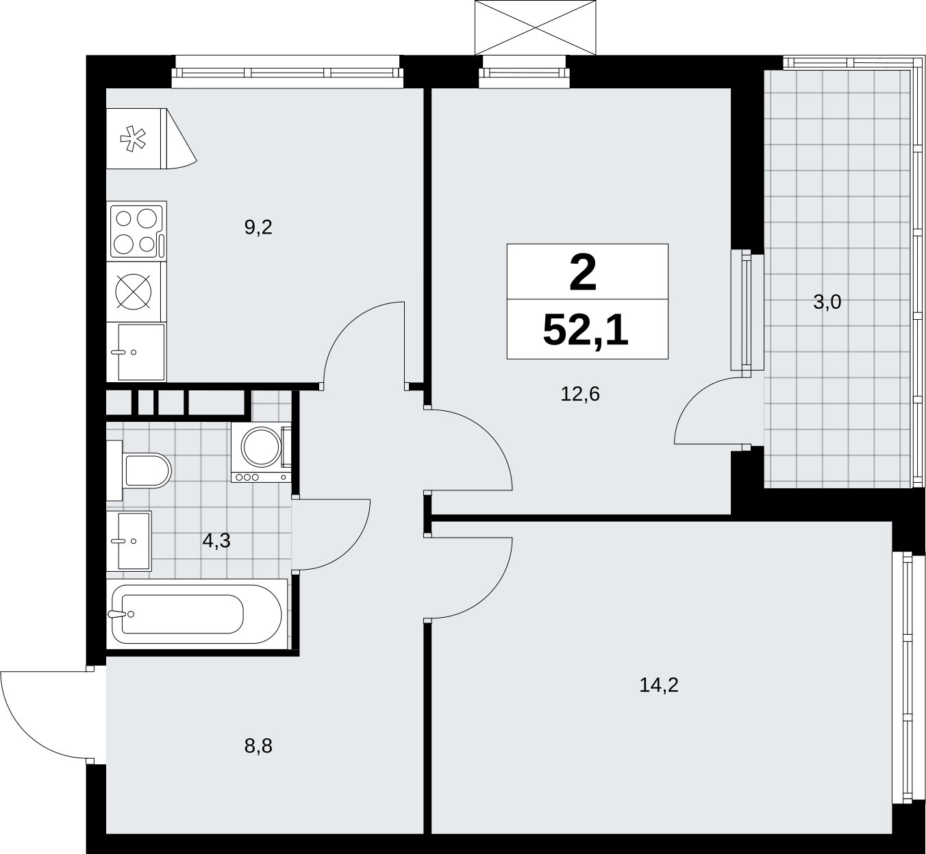 2-комнатная квартира без отделки, 52.1 м2, 4 этаж, сдача 4 квартал 2026 г., ЖК Скандинавия, корпус 2.18.1.4 - объявление 2350943 - фото №1