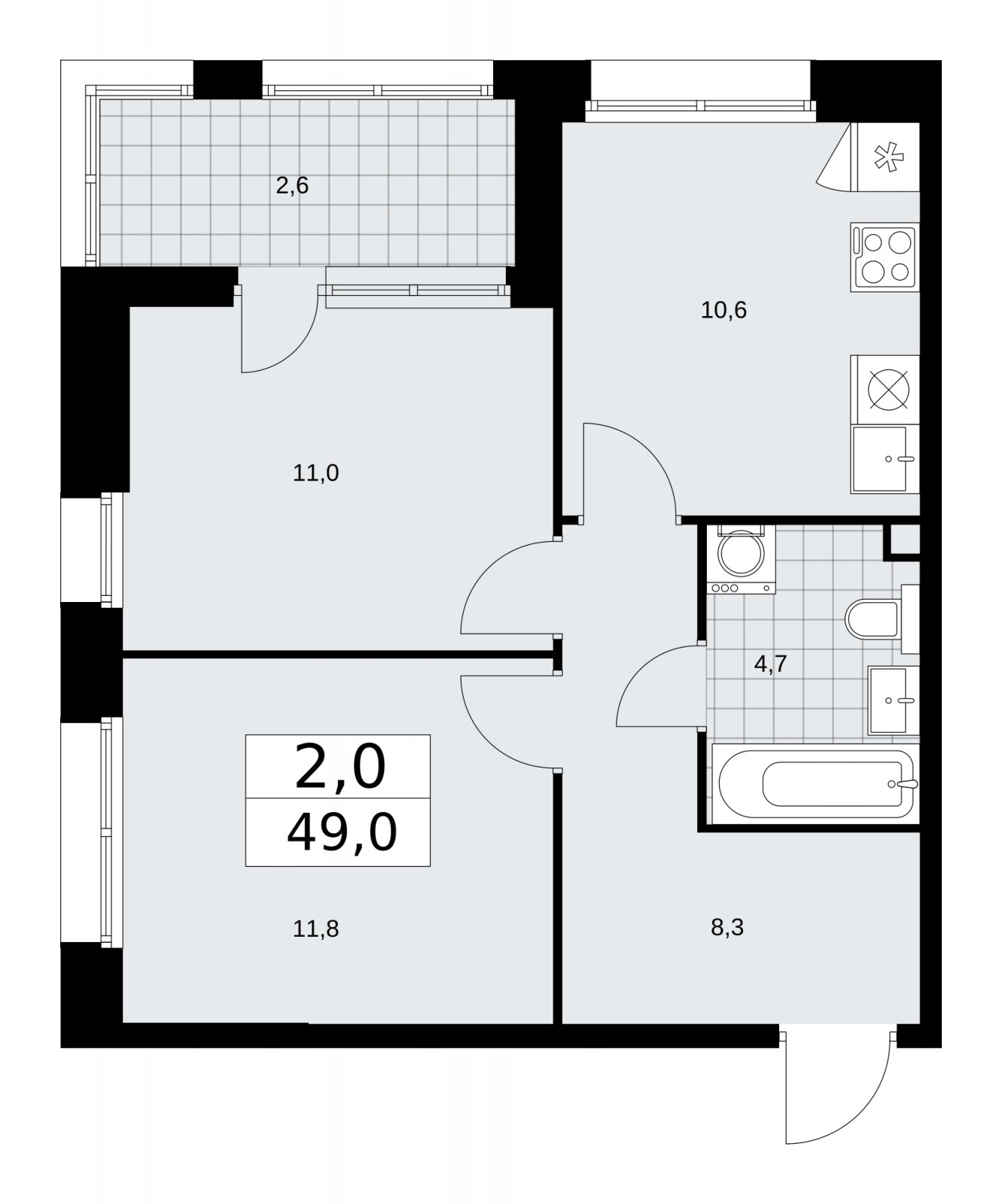 2-комнатная квартира с частичной отделкой, 49 м2, 2 этаж, сдача 1 квартал 2026 г., ЖК Бунинские кварталы, корпус 6.1 - объявление 2252352 - фото №1