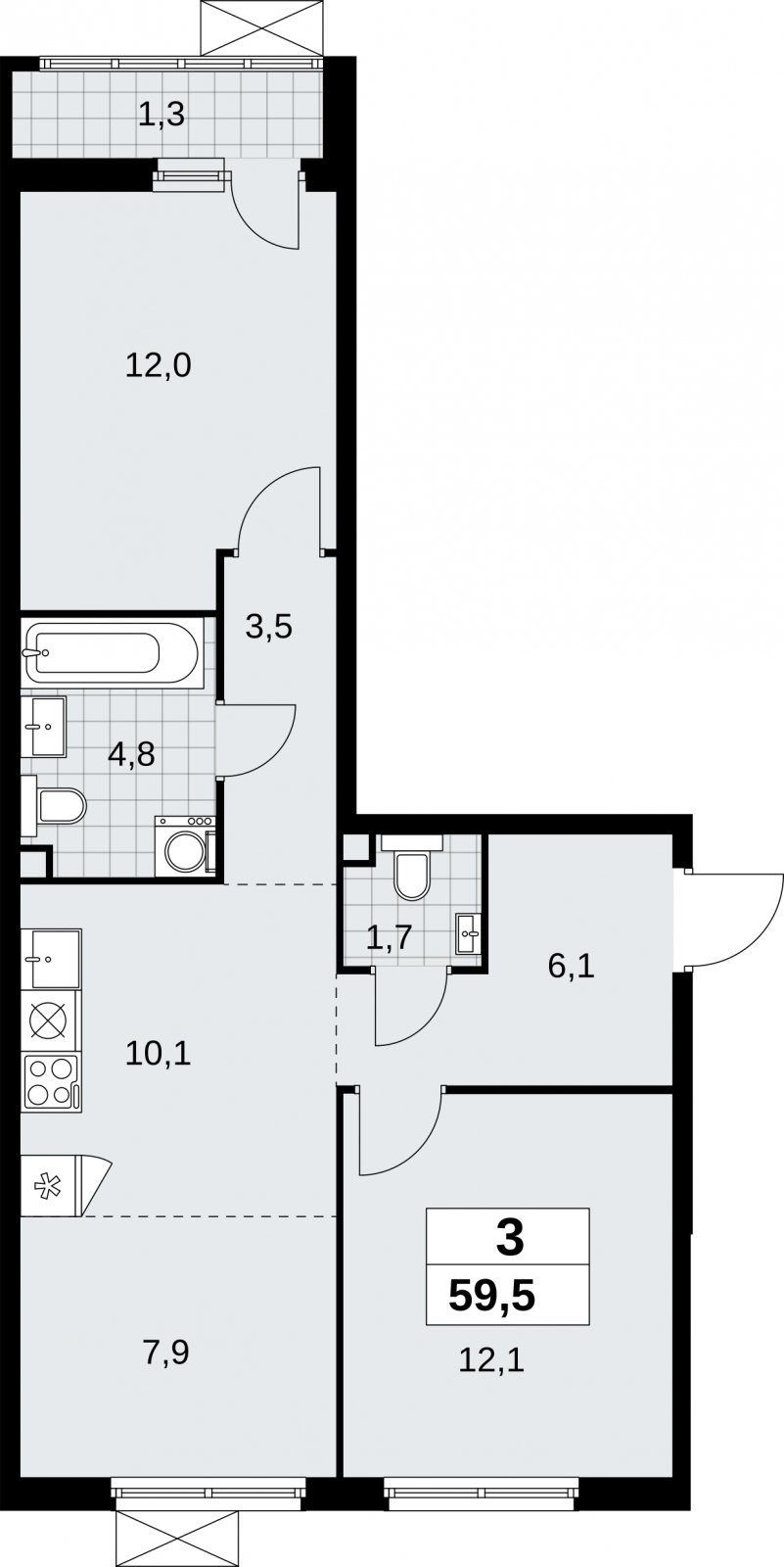 3-комнатная квартира (евро) без отделки, 59.5 м2, 2 этаж, сдача 1 квартал 2026 г., ЖК Дзен-кварталы, корпус 6.2.1 - объявление 2328516 - фото №1