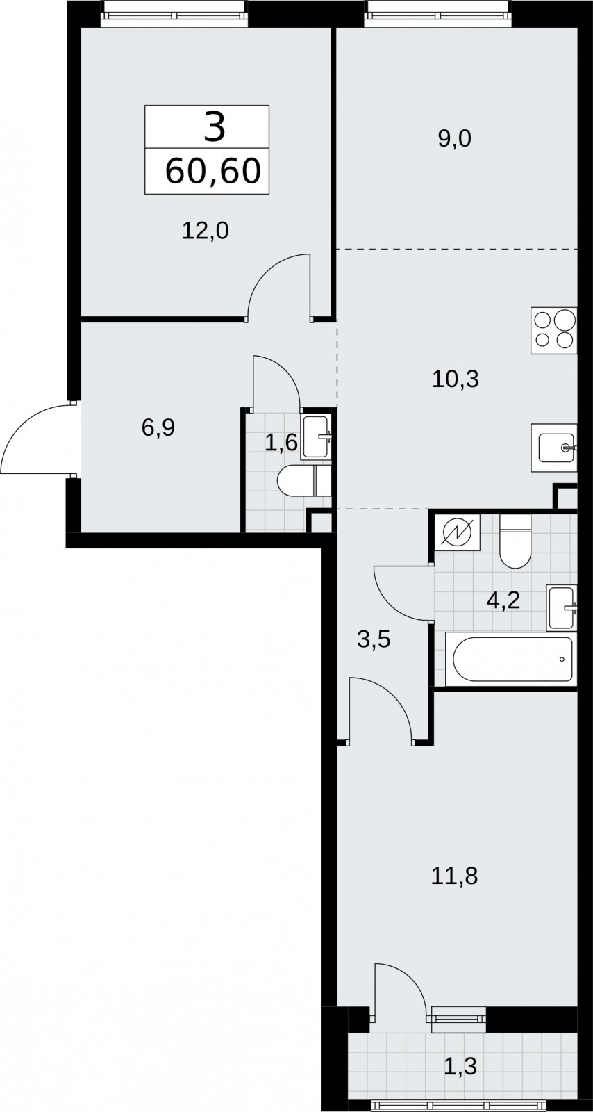 3-комнатная квартира (евро) с полной отделкой, 60.6 м2, 2 этаж, сдача 4 квартал 2026 г., ЖК Родные кварталы, корпус 1.2 - объявление 2317755 - фото №1