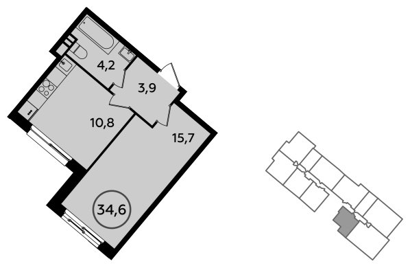 1-комнатная квартира с частичной отделкой, 34.6 м2, 2 этаж, сдача 2 квартал 2023 г., ЖК Прокшино, корпус 3.2 - объявление 1410890 - фото №1