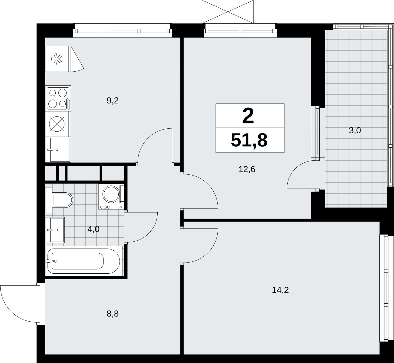 2-комнатная квартира без отделки, 51.8 м2, 10 этаж, сдача 4 квартал 2026 г., ЖК Скандинавия, корпус 2.18.1.4 - объявление 2351003 - фото №1