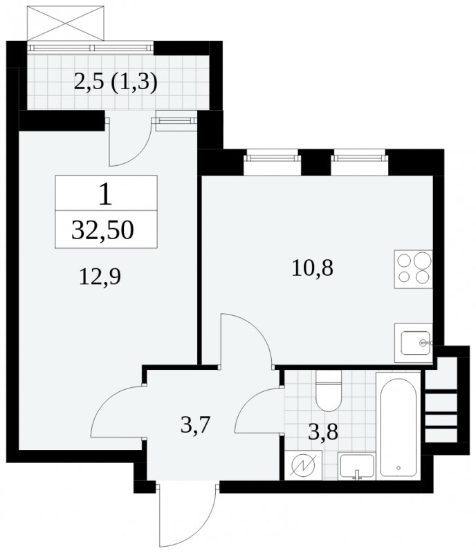 1-комнатная квартира с частичной отделкой, 32.5 м2, 5 этаж, сдача 1 квартал 2025 г., ЖК Прокшино, корпус 5.2.2 - объявление 1751148 - фото №1