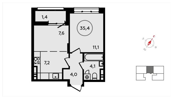 2-комнатная квартира (евро) без отделки, 35.4 м2, 14 этаж, сдача 3 квартал 2024 г., ЖК Скандинавия, корпус 22.2 - объявление 1625412 - фото №1