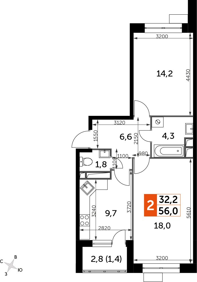 2-комнатная квартира с полной отделкой, 56 м2, 8 этаж, дом сдан, ЖК Датский квартал, корпус 2 - объявление 2350564 - фото №1