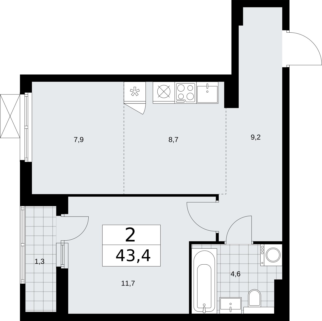 2-комнатная квартира (евро) без отделки, 43.4 м2, 4 этаж, сдача 2 квартал 2026 г., ЖК Бунинские кварталы, корпус 7.3 - объявление 2313848 - фото №1