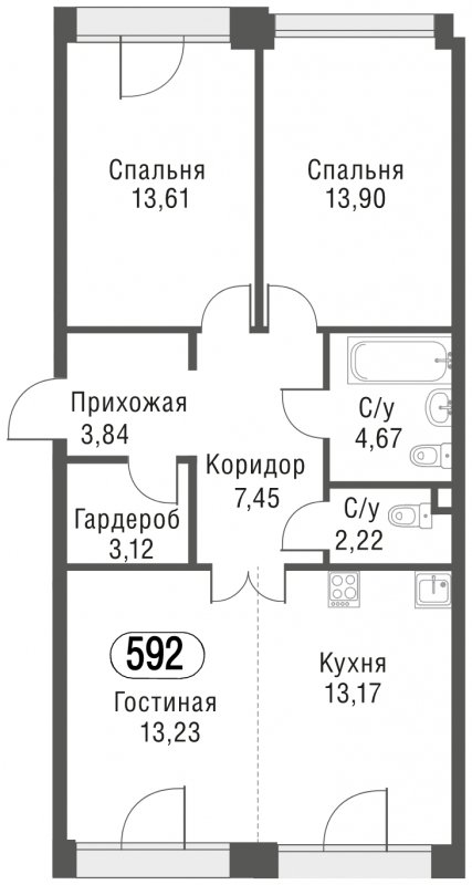 3-комнатная квартира (евро) без отделки, 75.21 м2, 6 этаж, сдача 3 квартал 2023 г., ЖК AFI Park Воронцовский, корпус 3 - объявление 1637486 - фото №1