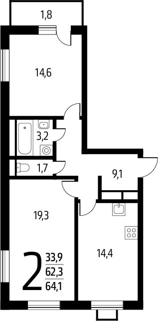 2-комнатная квартира с полной отделкой, 64.1 м2, 5 этаж, сдача 1 квартал 2025 г., ЖК Новые Ватутинки. Заречный, корпус 5/2 - объявление 2271725 - фото №1