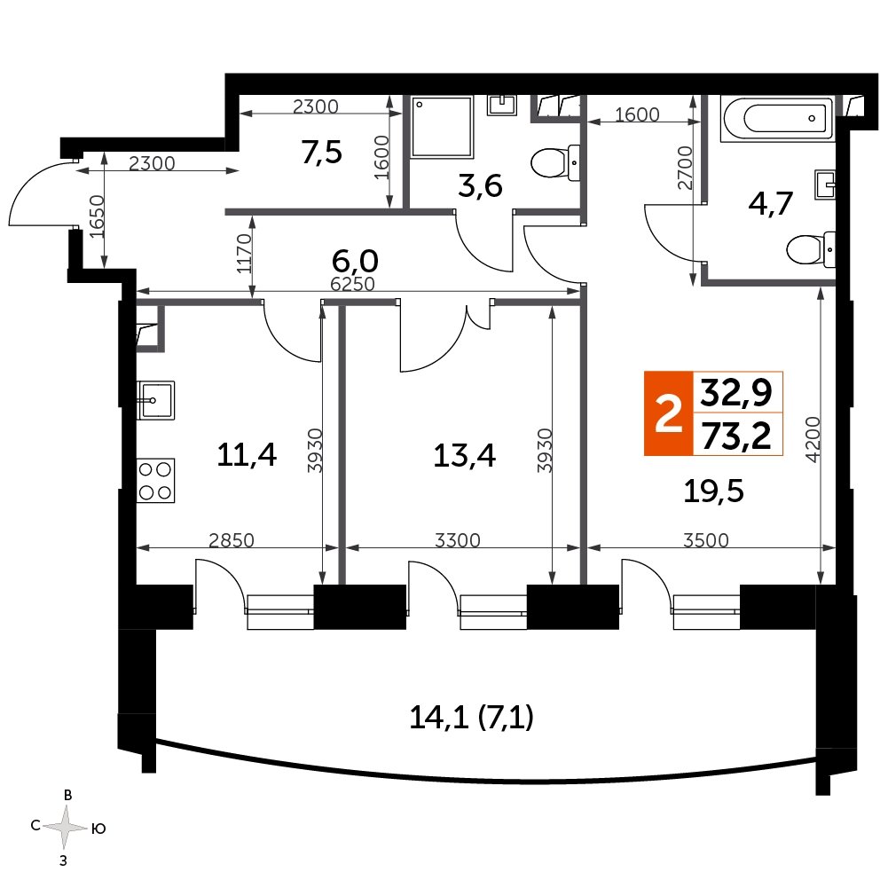 2-комнатная квартира с частичной отделкой, 73.2 м2, 15 этаж, сдача 3 квартал 2024 г., ЖК Sydney City, корпус 2.2 - объявление 2323048 - фото №1