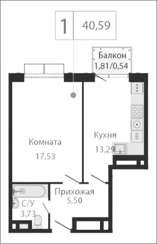 1-комнатная квартира без отделки, 40.59 м2, 4 этаж, сдача 2 квартал 2023 г., ЖК Dream Towers, корпус 3 - объявление 1800261 - фото №1
