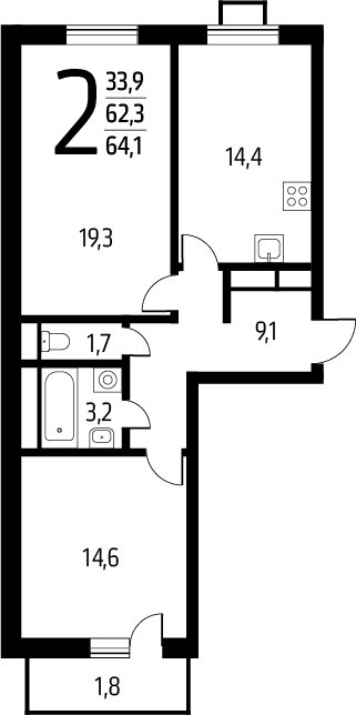 2-комнатная квартира с полной отделкой, 64.1 м2, 10 этаж, сдача 1 квартал 2025 г., ЖК Новые Ватутинки. Заречный, корпус 5/2 - объявление 2271768 - фото №1