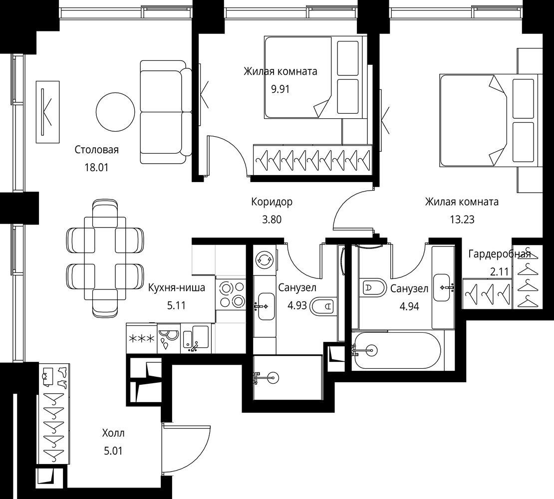 2-комнатная квартира с частичной отделкой, 67.05 м2, 16 этаж, сдача 3 квартал 2026 г., ЖК City Bay, корпус North Ocean 6 - объявление 2332375 - фото №1