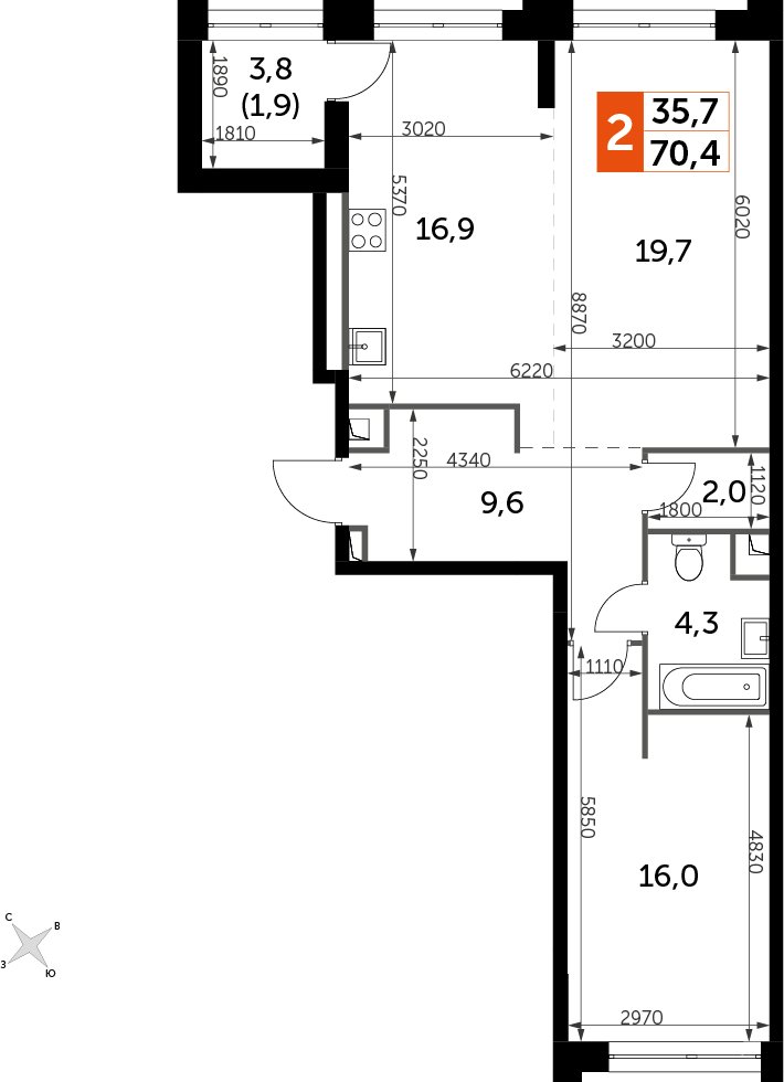 2-комнатная квартира с частичной отделкой, 70.4 м2, 20 этаж, дом сдан, ЖК Sydney City, корпус 1 - объявление 2374907 - фото №1