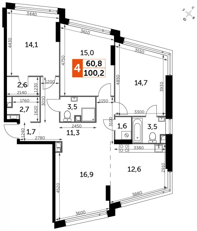 4-комнатная квартира с частичной отделкой, 100.2 м2, 6 этаж, сдача 4 квартал 2024 г., ЖК ROTTERDAM, корпус 2.1 - объявление 1652435 - фото №1