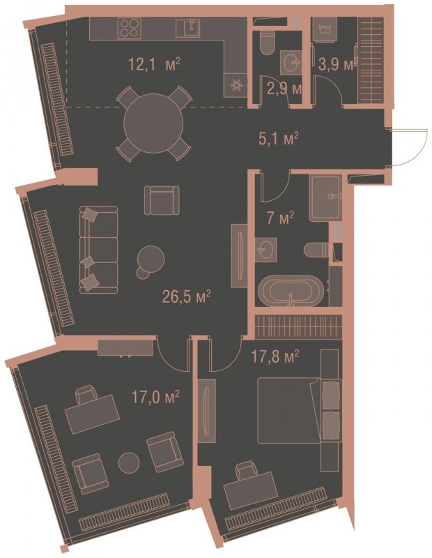 2-комнатная квартира без отделки, 92.3 м2, 3 этаж, сдача 1 квартал 2025 г., ЖК HIGH LIFE, корпус Heart Tower - объявление 1767880 - фото №1