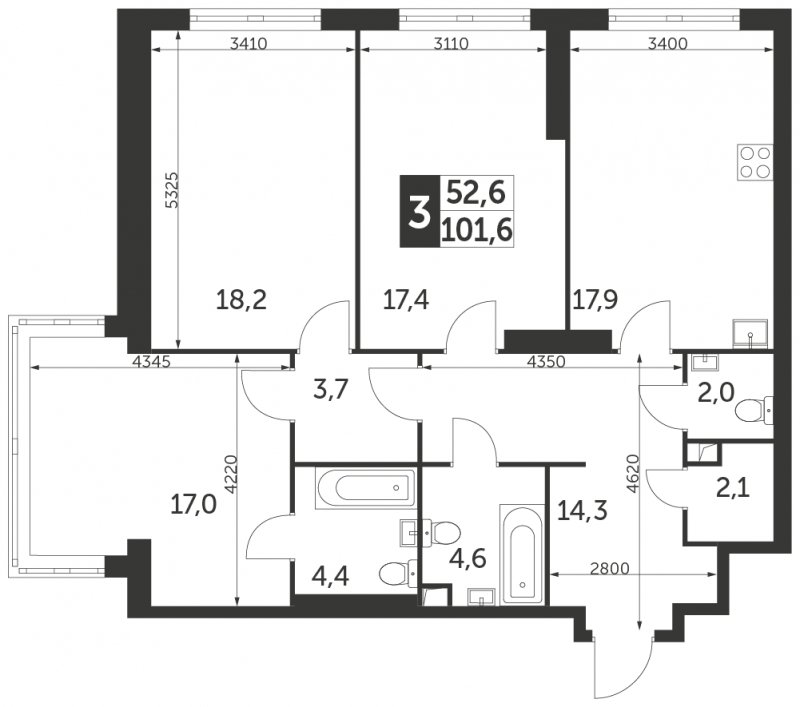 3-комнатная квартира с частичной отделкой, 101.6 м2, 13 этаж, сдача 4 квартал 2023 г., ЖК Архитектор, корпус 1 - объявление 1694280 - фото №1