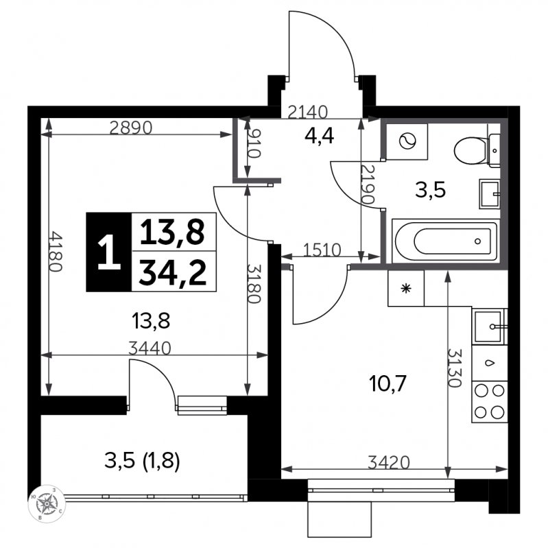 1-комнатная квартира с полной отделкой, 34.2 м2, 7 этаж, сдача 3 квартал 2023 г., ЖК Южная Битца, корпус 11 - объявление 1947791 - фото №1