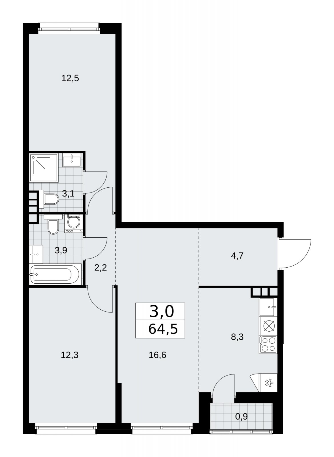 3-комнатная квартира (евро) без отделки, 64.5 м2, 8 этаж, сдача 1 квартал 2026 г., ЖК Дзен-кварталы, корпус 3.2 - объявление 2241427 - фото №1