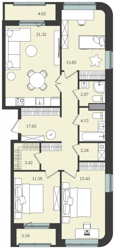 3-комнатная квартира без отделки, 95.58 м2, 1 этаж, сдача 1 квартал 2024 г., ЖК Мишино-2, корпус 9 - объявление 1812195 - фото №1