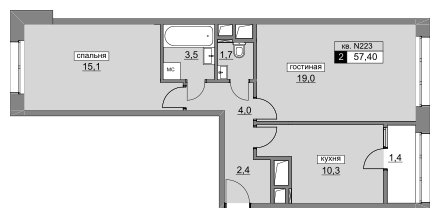 2-комнатная квартира без отделки, 57.4 м2, 16 этаж, сдача 4 квартал 2022 г., ЖК Румянцево-Парк, корпус 3 - объявление 1187260 - фото №1