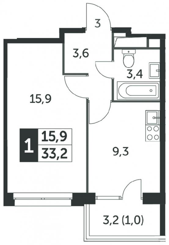 1-комнатная квартира без отделки, 33.1 м2, 12 этаж, дом сдан, ЖК Датский квартал, корпус 2 - объявление 2335581 - фото №1