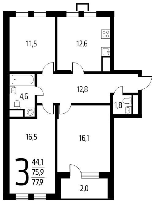 3-комнатная квартира с полной отделкой, 77.9 м2, 3 этаж, дом сдан, ЖК Новые Ватутинки. Центральный, корпус 9/2/2.1 - объявление 1674796 - фото №1