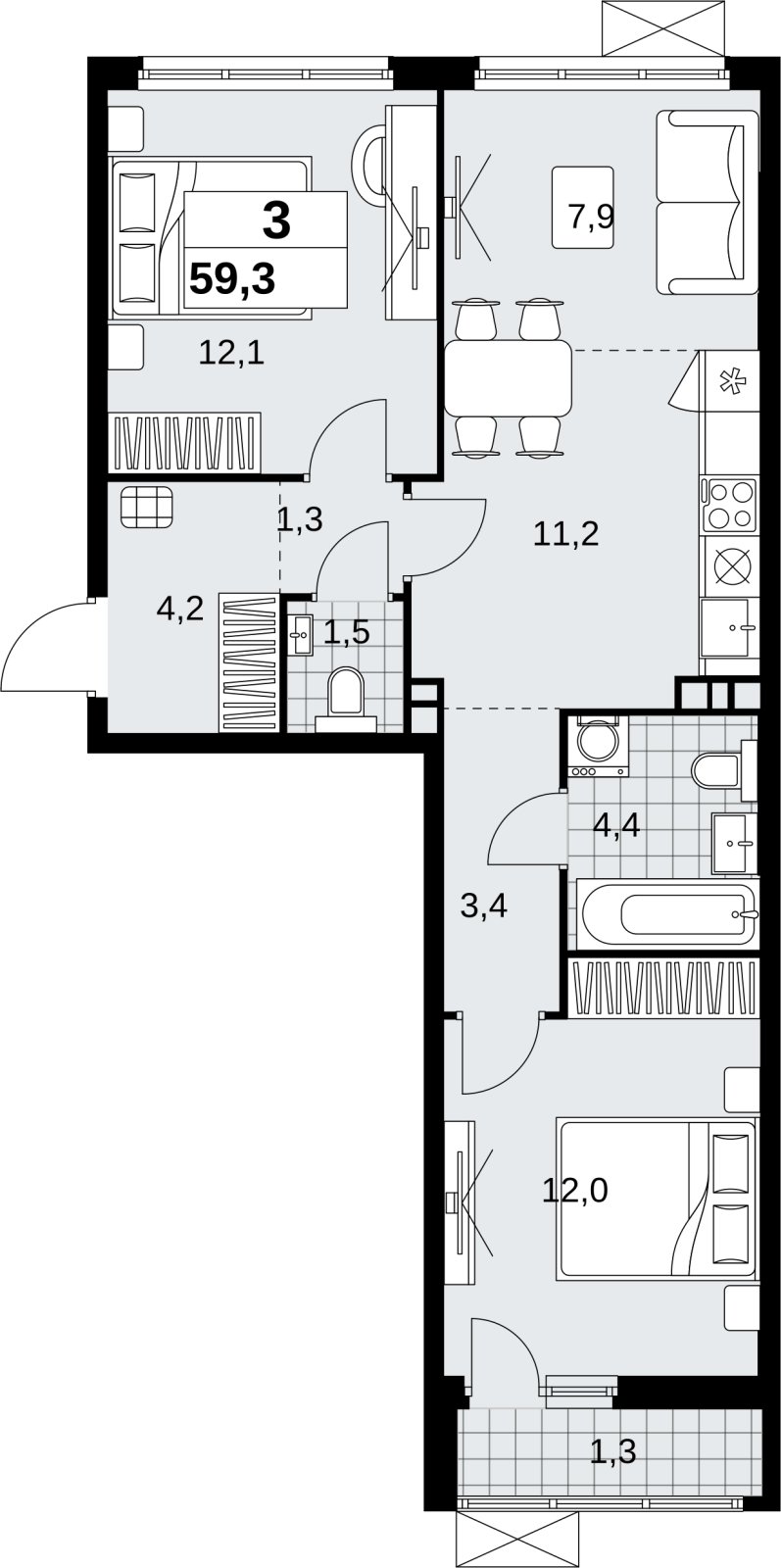 3-комнатная квартира (евро) без отделки, 59.3 м2, 3 этаж, сдача 4 квартал 2026 г., ЖК Скандинавия, корпус 2.18.2.5 - объявление 2351596 - фото №1