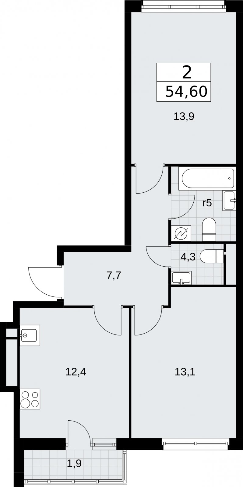 2-комнатная квартира с полной отделкой, 54.6 м2, 9 этаж, сдача 4 квартал 2026 г., ЖК Родные кварталы, корпус 1.2 - объявление 2318150 - фото №1