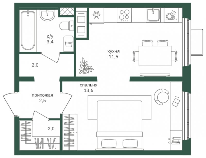 1-комнатная квартира с полной отделкой, 34.9 м2, 12 этаж, сдача 3 квартал 2022 г., ЖК Зеленая Вертикаль, корпус 2 - объявление 1806756 - фото №1