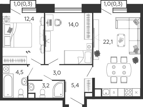 2-комнатная квартира без отделки, 65.2 м2, 11 этаж, дом сдан, ЖК SHAGAL, корпус 1.1 - объявление 2344878 - фото №1
