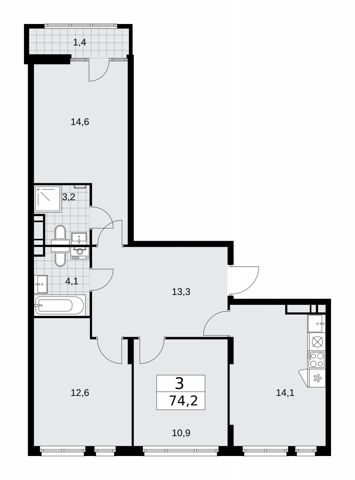 3-комнатная квартира без отделки, 74.2 м2, 11 этаж, сдача 1 квартал 2026 г., ЖК Деснаречье, корпус 4.2 - объявление 2263824 - фото №1
