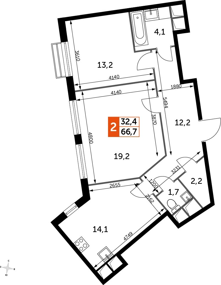 2-комнатная квартира без отделки, 66.7 м2, 5 этаж, дом сдан, ЖК UP-квартал Римский, корпус 7 - объявление 2208651 - фото №1
