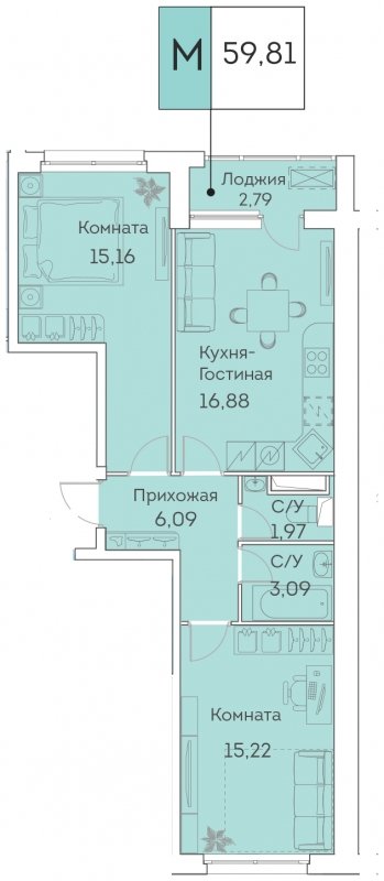 3-комнатная квартира (евро) с частичной отделкой, 59.81 м2, 12 этаж, сдача 3 квартал 2023 г., ЖК Аквилон BESIDE, корпус 1 - объявление 1584481 - фото №1