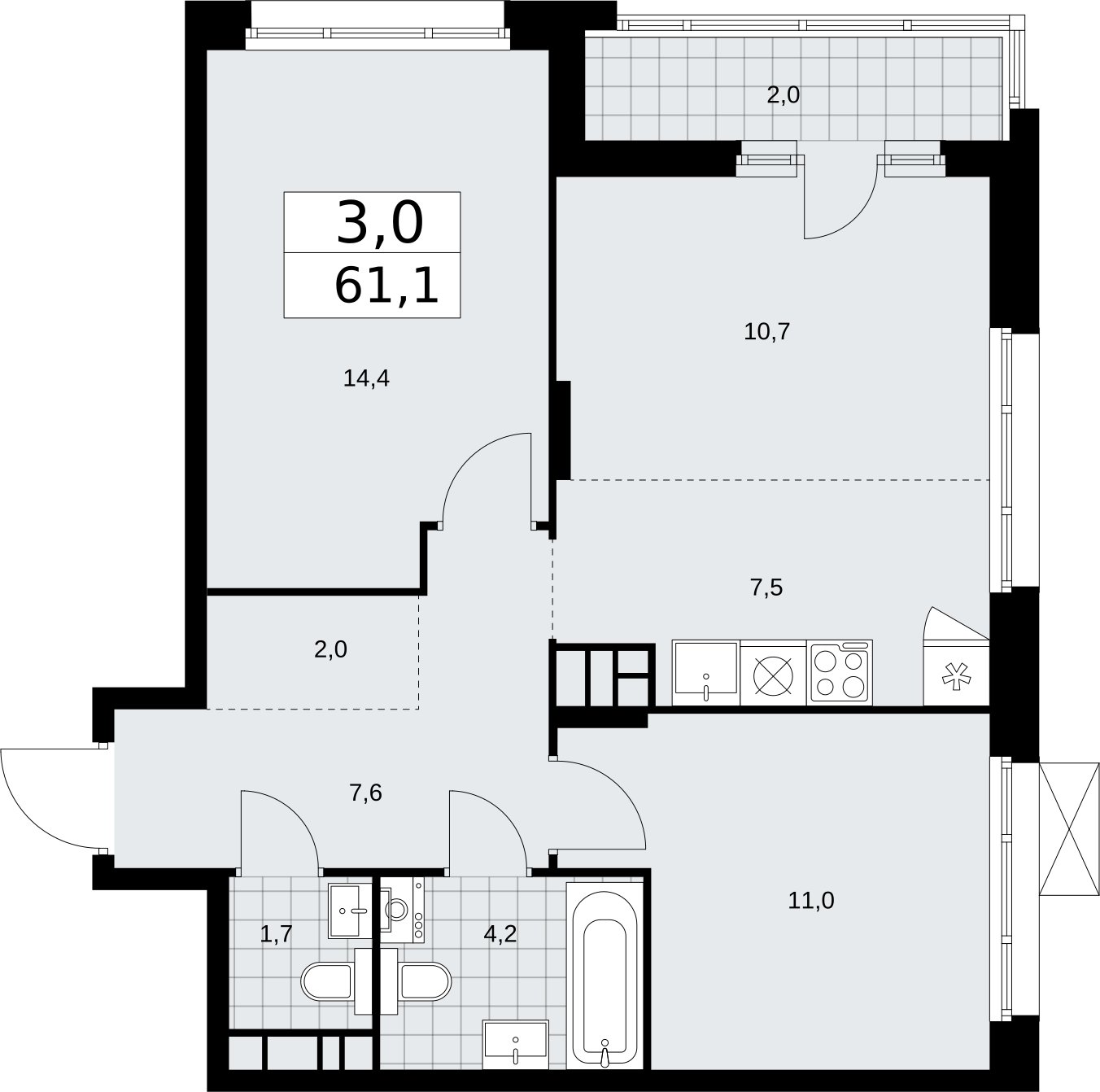 3-комнатная квартира (евро) с частичной отделкой, 61.1 м2, 13 этаж, сдача 2 квартал 2026 г., ЖК Прокшино, корпус 10.1.6 - объявление 2379265 - фото №1