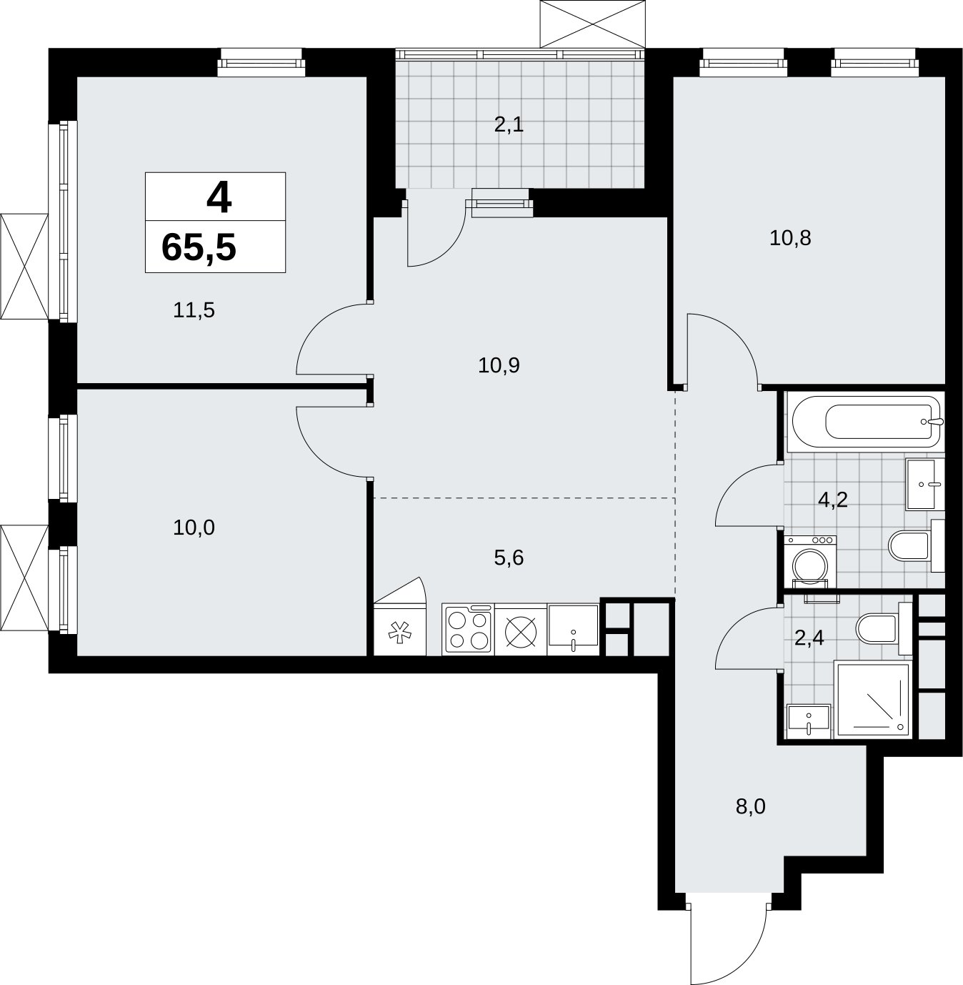 4-комнатная квартира (евро) без отделки, 65.5 м2, 10 этаж, сдача 4 квартал 2026 г., ЖК Скандинавия, корпус 2.18.1.2 - объявление 2350699 - фото №1