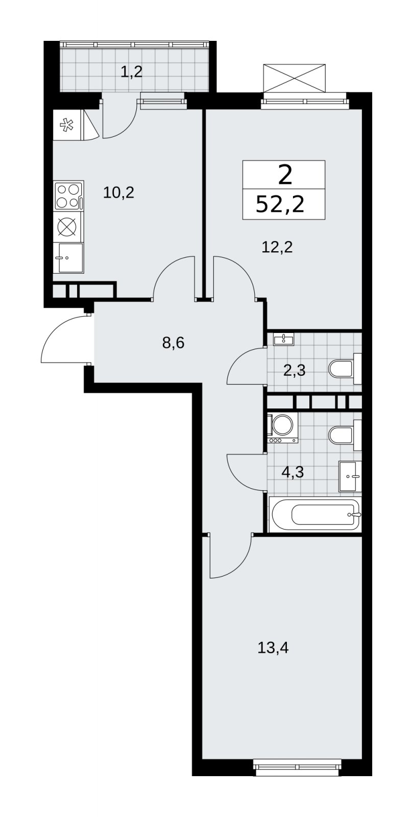 2-комнатная квартира без отделки, 52.2 м2, 9 этаж, сдача 4 квартал 2025 г., ЖК Прокшино, корпус 11.1.4 - объявление 2257540 - фото №1