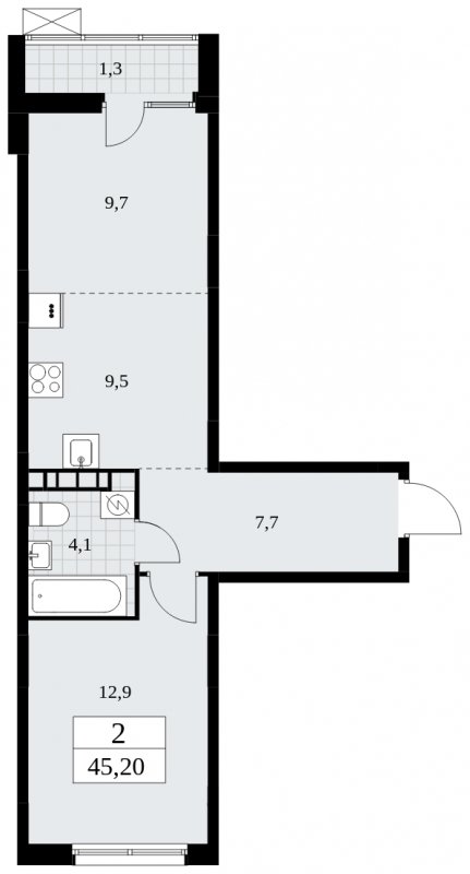 2-комнатная квартира (евро) без отделки, 45.2 м2, 5 этаж, сдача 1 квартал 2025 г., ЖК Дзен-кварталы, корпус 1.4 - объявление 1896170 - фото №1