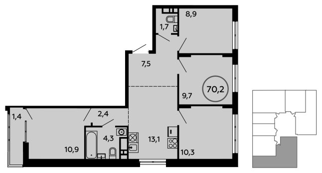 4-комнатная квартира без отделки, 70.4 м2, 9 этаж, сдача 1 квартал 2023 г., ЖК Скандинавия, корпус 2.14.1 - объявление 1498982 - фото №1