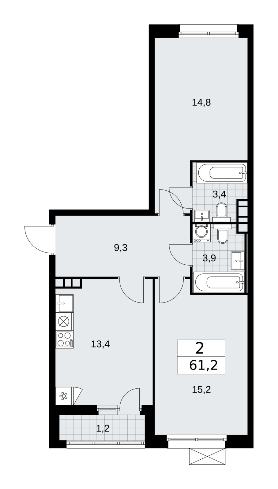 2-комнатная квартира без отделки, 61.2 м2, 5 этаж, сдача 2 квартал 2026 г., ЖК Скандинавия, корпус 25.4 - объявление 2284152 - фото №1