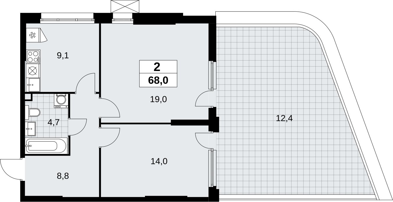 2-комнатная квартира без отделки, 68 м2, 2 этаж, сдача 4 квартал 2026 г., ЖК Скандинавия, корпус 2.18.1.3 - объявление 2350743 - фото №1